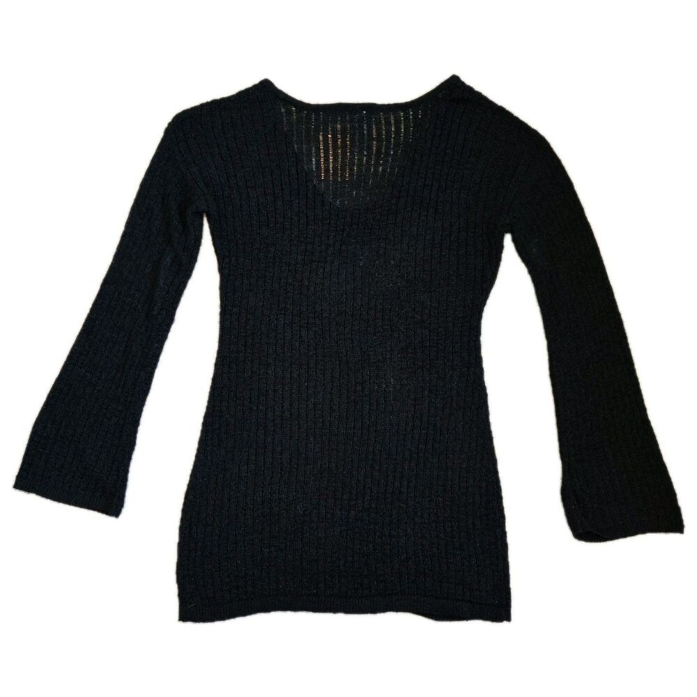 Black Knit Beach Cover Up Dress L 12-14 Flare Sleeve Sheer Vacation - Picture 3 of 8